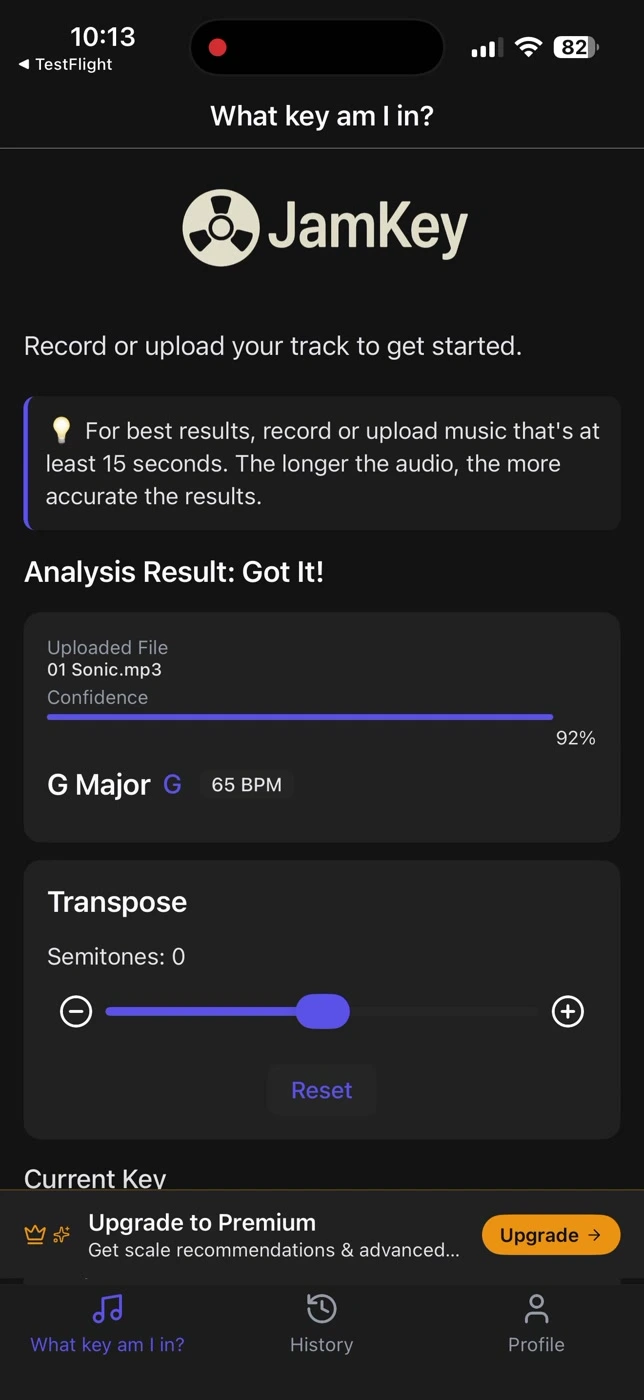 JamKey app screen showing the real in-app key and tempo interface